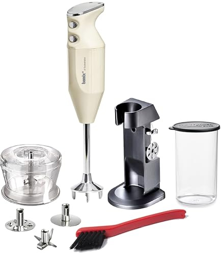 bamix Set mixeur plongeant M200 Chef’s favorite avec support, récipient, 3 embouts, hachoir, brosse de nettoyage, 200 W, Fabriqué en Suisse, Blanc ivoire/chrome