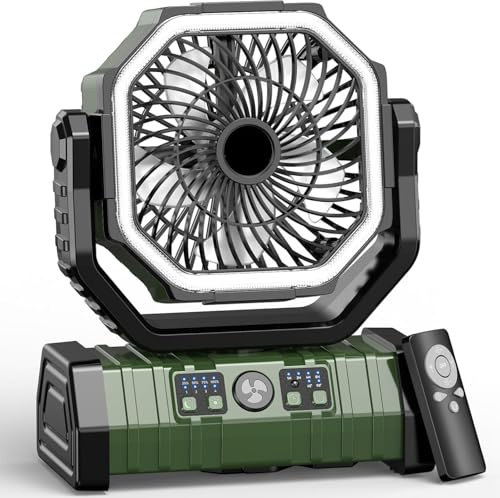 Werwing Ventilador de camping al aire libre de 100 horas con luz LED y control remoto, recargable por USB-C, refrigeración de motor dual de 4 velocidades (verde)
