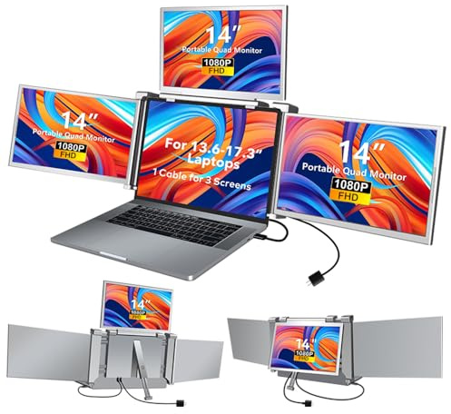 14 inches Laptop Expansion Screen 1080P FHD Portable Quad-screen Monitor Fordable & Rotatable Design Driver Quick Installation with 1 Cable for 3 Displays for Windows, MacOS for 13.6-17.3 inch Laptop