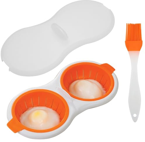 2 Cavity Microwave Egg Poacher, Microwavable Poached Egg Cooker with Lid & Handle Double Layer Microwave Egg Poacher Boiled Eggs Maker Poached Egg Cup for Breakfast with Oil Brush