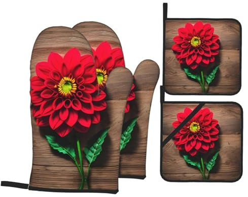 Ofenhandschuhe und Topflappen, Holzbrett, Retro-Blumen-Motiv, rote Dahlie, 4 Stück, Küchenhandschuhe mit Topflappen, lange Backhandschuhe