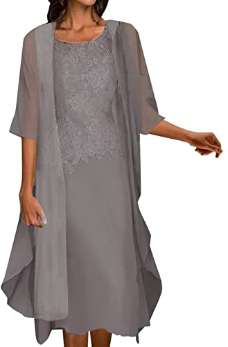 NaLatia Robe de Mariage Dentelle Grande Taille Robe Soiree Mousseline Manches Longues Cocktail Dress Femmes Chic Et Glamour Dresses Cardigan Ensemble 2pcs Noir Gris à 4XL