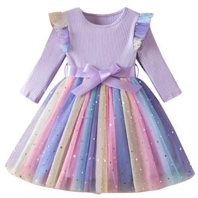 Mädchen Tüllstickerei Regenbogen Kleid mit Gürtel für Kinder 1-8 Jahre | Doppel-Tüll, Blumenstickerei, Regenbogenfarben, verstellbarer abnehmbarer Gürtel, mehrere Altersklassen, alltagstauglich