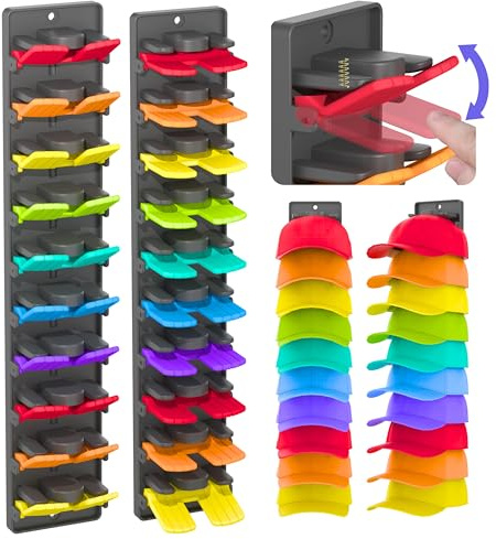 BRUBEQO Hat Organizer for Baseball Caps 2 Packs with Built-in Spring Clips - Wall Mount Closet Hat Rack Holder, Adjustable Storage for Door/Closet Display Hat Racks Hanger (Strong Adhesive & Screws)