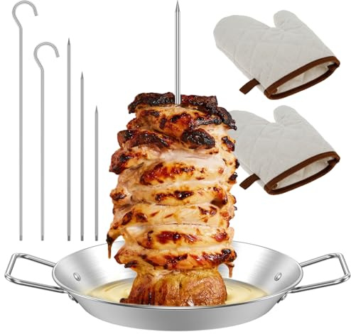 Vertical Meat Skewer for Grill Stainless Steel Vertical Skewer Grill with 3 Removable Spikes Grill Hooks Gloves Reusable Al Pastor Skewers Chicken Rack Stand for Shawarma Kebabs (A)