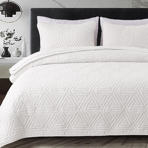 Whale Flotilla Tagesdecke 220x240 cm Mikrofaser Bettüberwur | Weich, Leicht, Bedspread mit 2 Kissenbezüge, Sofaüberwurf, Steppdecke, Geomuster, Ganzjährige Bettwäsche, Weiß