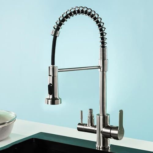 Mitigeur Cuisine avec Raccord pour Lave Vaisselle, Robinetterie de Cuisine Acier Inoxydable Brossé Robinet d'Évier de Cuisine Rotatif-Brossé