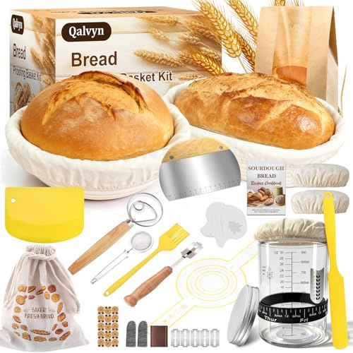 Sourdough Starter Kit with Banneton Bread Proofing Basket, Sourdough Bread Baking Supplies with Bread Sling, Sourdough Jar, Dough Whisk, Scrapers & Bag,Sourdough Bread Making Tools Gifts for Women Mom