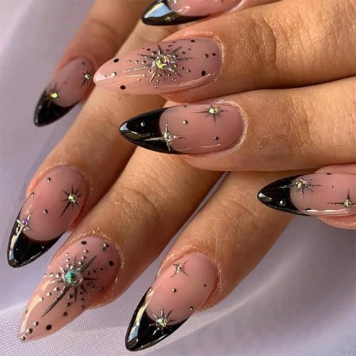 BelleFlair 24 Pezzi Unghie Finte Tipo Mandorla, French Tip Nere con Strass a Stelle, Unghie Finte Lunghe Gotiche, Unghie Artificiali Y2K da Incollare per Donne