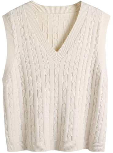 SUNSESS Women's Cable Knit Sleeveless Jumper V Neck Pullover Sweater Vest Chunky Ribbed Gilet for Layering, Office & Casual Preppy Style (UK, Alpha, M, Regular, Regular, Standard, Light Khaki)