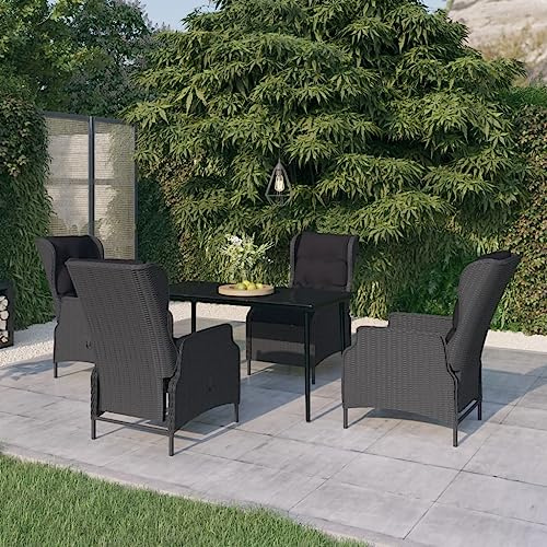 QJBSAVVA 5-TLG Garten-Essgruppe dunkelgrau 140×70 cm Stahlglas-Tisch 4 klappbare Rattan-Sessel Liegefunktion 8 cm Polster Balkon Terrasse