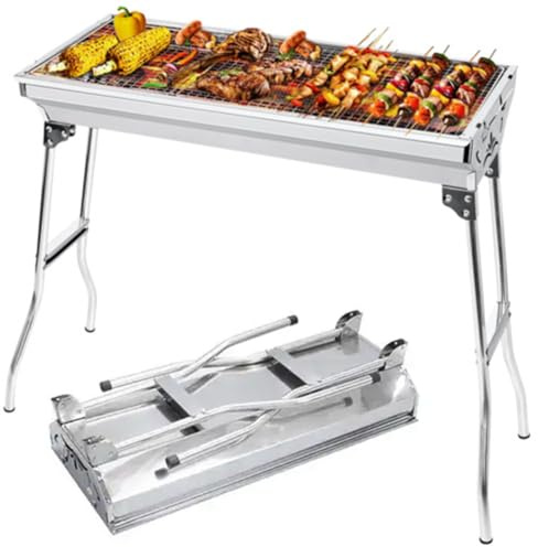 Barbecue portatile a carbonella, pieghevole, in acciaio inox, per campeggio, picnic, feste in giardino e viaggi, attrezzatura compatta per cucinare all'aperto
