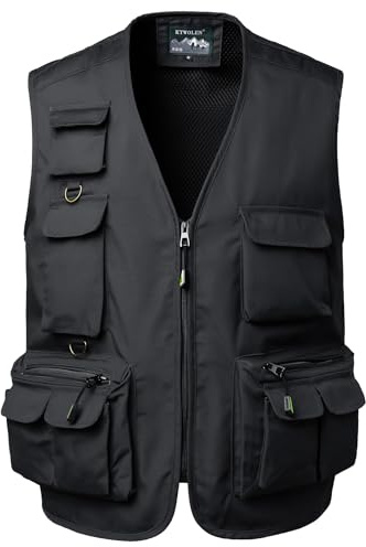 KTWOLEN Gilet de Pêche Homme Multi Poches Photographe Gilet de Chasse Reporter Veste d'été Sans Manche Travail