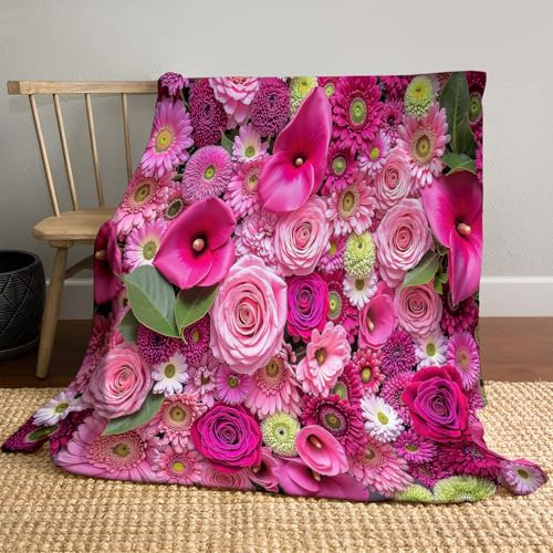 Romantik Blumen Kuscheldecke für Sofa und Bett 100x150 cm, Flanell Rosa Wohndecke, Warme Weiche Rosen Calla-Lilien Chrysanthemen Sofadecke, für Wohnzimmer Schlafzimmer - Kinder & Erwachsene