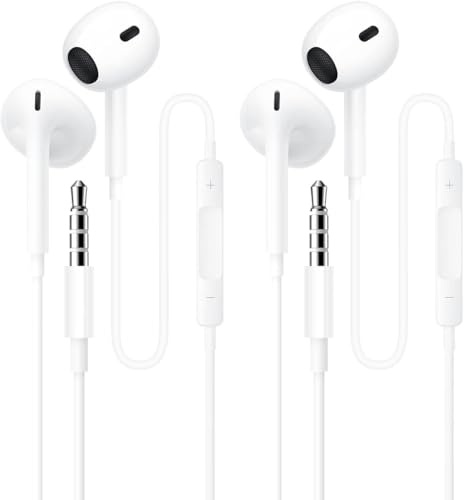 2-Pack Wired Earphones with Microphone & Volume Control, Noise Isolating In-Ear Headphones, Ergonomic Stereo Sound Compatible with Smartphones, Tablets, Laptops, MP3 Players (Universal 3.5mm Jack)