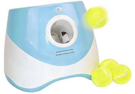 kurflo Automatischer Ballwerfer für Hunde, Automatischer Ballwurf, inkl. 3 verbesserter ETPU-Bälle, 3 Wurfweiten, Automatisches Auffangen, Ideal für Kleine, mittele Hunde Größe M (Weiß-Blau)