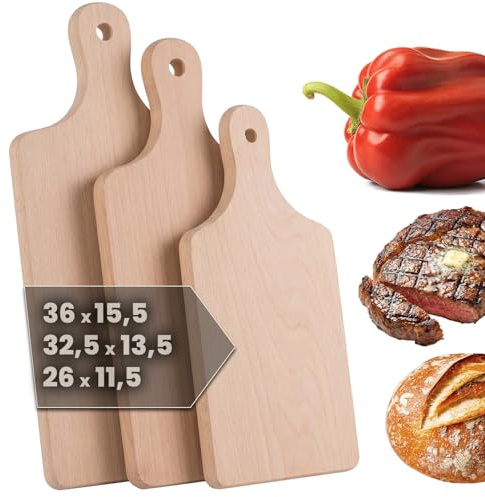 Schneidebrett Set Holz 3 Schneidebretter 36x15,5, 32,5x13,5 und 26x11,5 cm | 3 Größen, 26 bis 36 cm, Buchenholz massiv, Dicke 1,5 cm, Grifföffnung, Zum Schneiden und Servieren, Für Brot Obst Gemüse