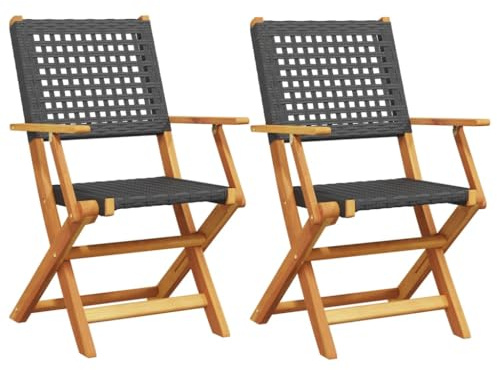 Mhdvray 2er Set Gartenstühle Klappbar Schwarz - Balkonstühle aus Massivholz Akazie und Poly Rattan - Platzsparende Klappstühle für Terrasse, Garten und Außenbereich - 54x57x91 cm