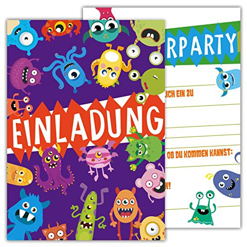 Partycards Einladungskarten Kindergeburtstag Mädchen Junge - 12 Karten - Monster Design - A6 - Leicht zu Beschriften - Geburtstagseinladungen für Mädchen und Jungen - Perfekt für Feiern