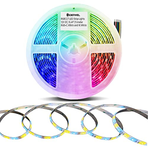 GIDERWEL RGBWW LED Strip Lights 16.4ft,Dimmable RGB+Cold White+Warm White Changing Color 450 LEDs(2700K-6000K),6 Wire 12V RGBCCT Full Color Ambiance LED Lightstrip Plus,Only Strip Light