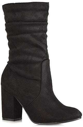 Womens Mid Calf High Heel Boots Ladies Pull On Winter Faux Suede Rouched Shoes