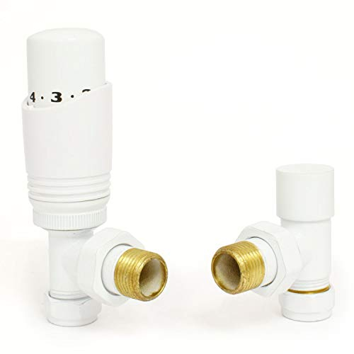 Hot Flow White Cascade Angled Modern TRV Thermostatic Radiator Valve (Pair) Includes Angled TRV Body & One Lock Shield for Quick & Easy Temperature Control. Perfect for Energy Saving.