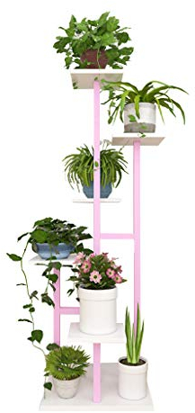 LHNLY-Blumenregal 6 Töpfe Halter Holz Blumentreppen Blumenständer Pflanzenständer für Indoor Outdoor Garten Büro, rosa Metallrahmen Utility Shelving Unit Lagerregal