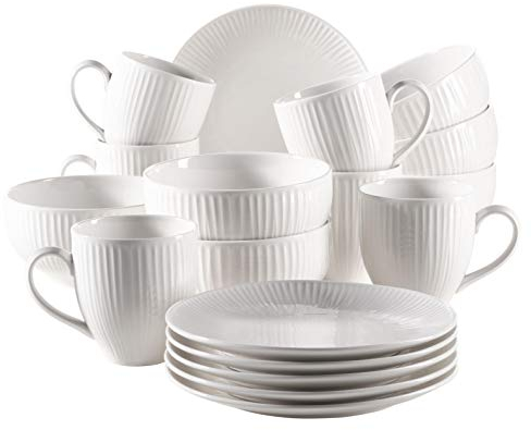 MÄSER Série Dalia Service de petit-déjeuner pour 6 personnes en porcelaine hôtelière 18 pièces au design vintage intemporel blanc, porcelaine durable