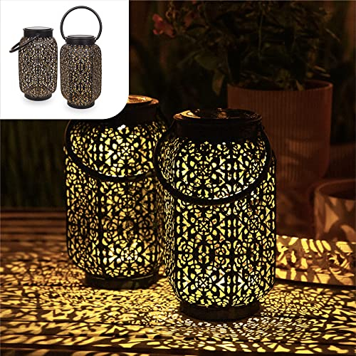 Gadgy Lanterne Solaire Exterieur Orientale | Lot De 2 | Eclairage De Jardin A LED| Lampe De Table, Terrasse Et Balcon | Metal Noir Et Or | Décoration Marocaines