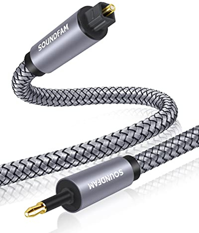 SOUNDFAM Mini Optical Cable Toslink to Mini Toslink Cable Nylon Braided Optical Audio Cable for Home Theater,HDTV,Sound Bar,Hi-Fi Systems etc-Grey (6feet/2M)