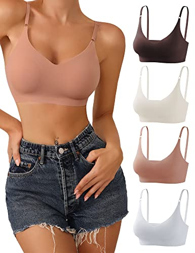 DEANGELMON 4 Pieces V Neck Bralettes Padded Seamless Adjustable Straps Bra Everyday Basic Sleeping Bras (4P1,S)
