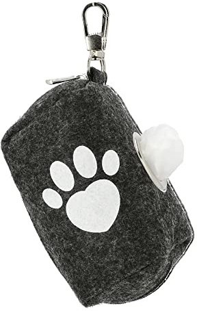 Kotbeutelspender Tasche aus Filz für Kotbeutel mit Reißverschluss u. Karabinerhaken 9x5cm (Dunkelgrau, Pfotenabdruck)