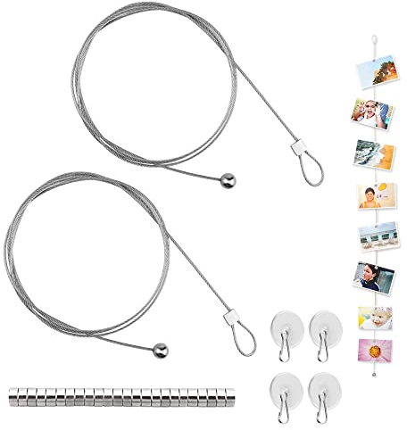 JaneYi 2 Stück Fotodrahtseil 2M*1.5mm Fotoschnur Metall Foto Aufhänger Seil mit 24 Knopfmagnete und 4 klebriger Haken Fotodraht mit Magneten Fotoseil Foto Magnetseil Zum Aufhängen Foto Postkarten