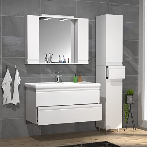 VCM 4-TLG. Waschplatz Waschtisch 100 cm Badmöbel Set Waschbecken grifflose Schublade Spiegelschrank Hochschrank Silora XL