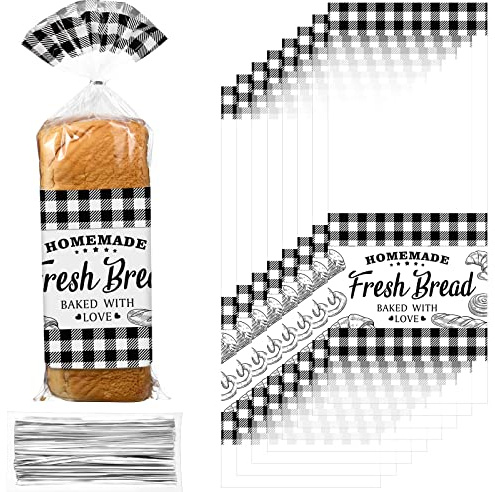 Sabary 50 Pcs Homemade Bread Bags with Ties Black Buffalo Plaid Bread Loaf Bags Plastic Clear Gift Storage for Home Bakers Bakery Christmas, 10 x 20 Inch