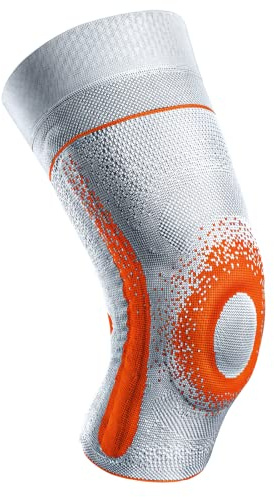 SPORLASTIC GENU-HiT SUPREME + COMFORT Kniebandage, Platinum/Orange, Gr. 9+ | Für rechts & links, Patellaring, Silikonnoppenhaftrand, Seitenstabilisatoren, extraweite Version, Meniskus, ergonomisch