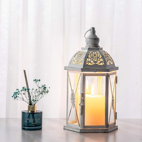 DECORKEY Laterne, dekorativ, für drinnen und draußen, 36,7 cm, Kerzenlaterne, Bauernhaus, Heimdekoration, sechseckig, Vintage-Stil, hängender Metall-Kerzenhalter für Veranda, Regal, Terrasse,