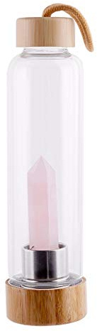 ZAANU Quartz Crystal Water Bottle wiht Bamboo Lid, Natural Crystal Glass Water Bottle for Making Healing Gemstone Infused Wate,with Cup Bag/60 (Color : Rose crystal)