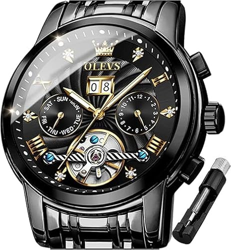 OLEVS Tourbillon - Reloj automático para hombre, mecanismo de cuerda automática, acero inoxidable, luminoso, resistente al agua, negro, Clásico