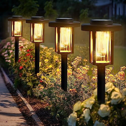 Solpex Solarlampen für Außen, 4 Stück LED Solar Gartenbeleuchtung, wasserdichte solarbetriebene Wegbeleuchtung für Garten, Terrasse, Landschaft, Gehweg, Warmweiß