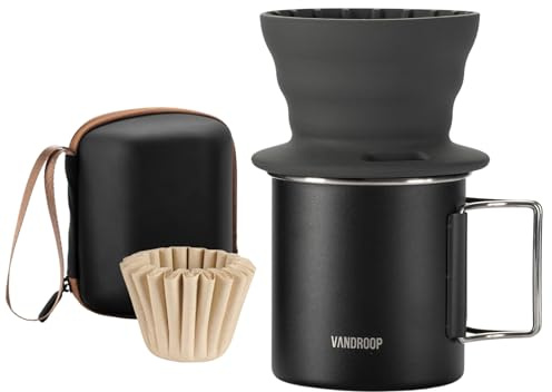 Vandroop Tragbares Kaffeebereiter Set, faltbarer Silikon Korbfilter Kaffeefilter mit Kaffeebecher 480ml, für Reise Camping (Schwarz, mit Korbfilterpapier 10 Stk)