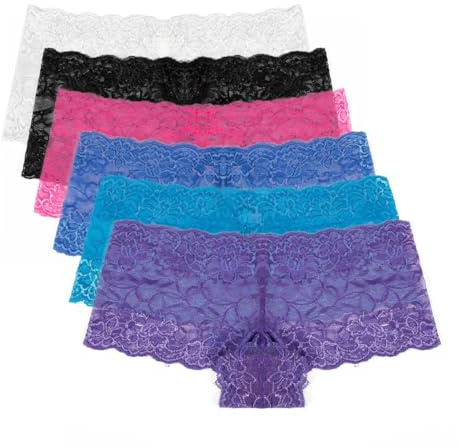 Seven-Flower Flowershop Pack of 6 Women's Sexy Lace Cheeky Hipster Knickers Boyshort Panties Lingerie Underwear Briefs (M,White, Pink, Blue, Lake blue, Black, Purple)