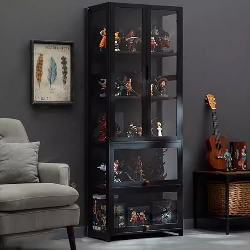 KUYATE Antiker Schrank mit Glastür. Glasvitrine. Antiker Schrank. Natürlicher Bambusrahmen, Einzel-/Doppeltür-Design, versiegelt und staubdicht 65x32x170cm/L25.6xW12.6xH66.9in Black