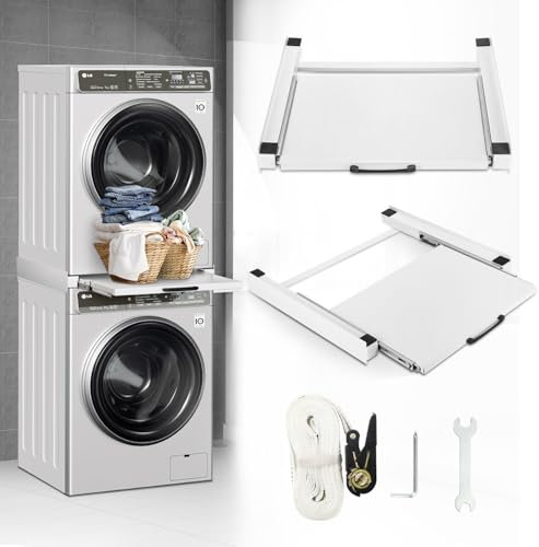 Fiqops Zwischenbaurahmen mit Ausziehplatte für Trockner und Waschmaschine, Universell Waschmaschine Verbindungsrahmen mit Ablage, Zwischenbaurahmen für Waschmaschine und Trockner Wäschekorb, Weiß