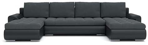 Mebligo - Ecksofa mit Schlaffunktion und Bettkasten Tokio III, Eckcouch aus Kunstleder, Sofa U Form 302x159x89 cm, Couch Wohnzimmer, Ecke Sofa Wohnlandschaft, Schlafsofa Grau/Kunstleder Schwarz