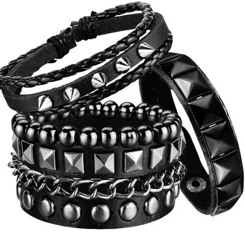 Ulekuke 4 Pcs Punk Rock Leather Studded Bracelets for Men Women 80s Gothic Spike Cuff Bracelet Set Emo Accessories for Rocker Outfits(BKQ-BK)