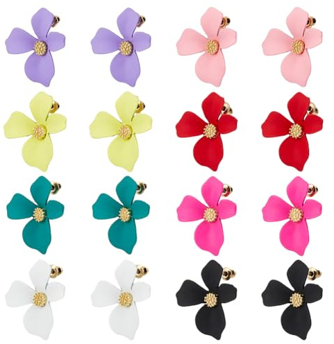 SUPERFINDINGS 8 Colores Boho Flor Pendientes De Botón Chic Pendientes De Flor De Oro Pendientes De Flor De Oro Elegantes Pendientes De Gota De Pétalos Florales Joyería De Novia De Verano De Colores,