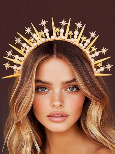 IYOU Étoile Halo Serre Tête Or Perle Déesse Pièce de Tête Marie Diadème et Couronnes Mariage Parti Mariée Accessoires pour Cheveux pour Femmes