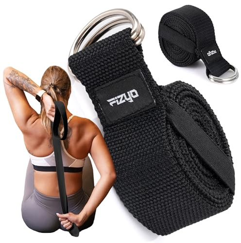 Fizyo Cintura in cotone per yoga, pilates, Fitnessu, regolabile con fibbia in metallo D, 100% cotone, lunga 240 cm, perfetta per allungare e tenere in posizione, per principianti e avanzati (nero)