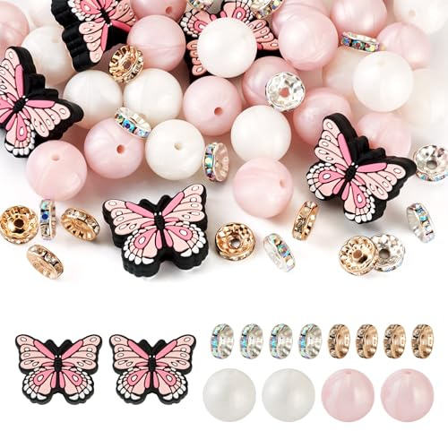 Spritewelry Lot de 65 perles focales rondes en silicone souple en forme de papillon pour la fabrication de bijoux